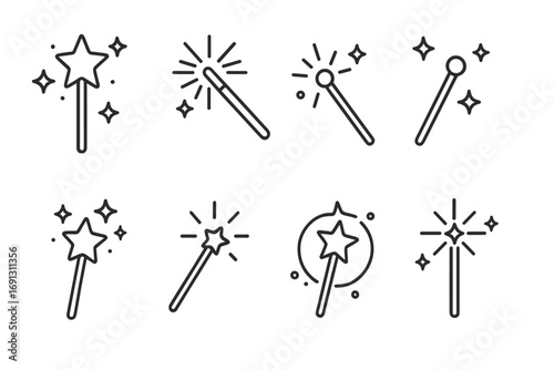 Magic wand line icon set. Simple outline vector illustration collection for web, apps, and print. Editable stroke. Fantasy, fairy tale, wizard, and miracle concept.