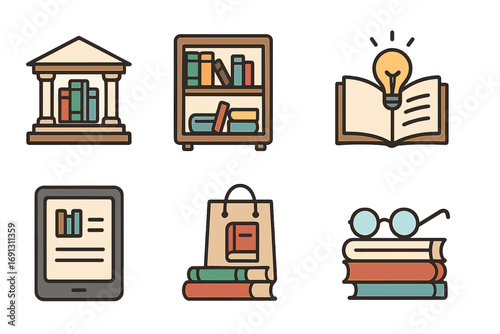 Library and bookstore cartoon icon set. Vector illustration for education, learning, and knowledge concepts. Includes book, bookshelf, e-reader, and idea symbols for design.