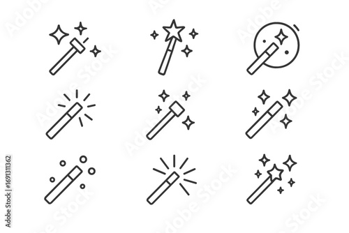 Magic wand line icon set. Simple outline vector collection. Fairy wizard stick with stars and sparkles. Magical miracle, fantasy wish concept. Editable stroke illustration.