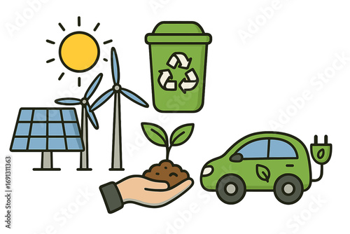Green energy and ecology icon set. Sustainability concept with renewable solar and wind power, recycling, electric car, and nature conservation. Vector illustration.