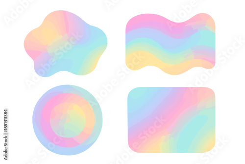 Set of abstract fluid gradient shapes. Collection of colorful pastel holographic blurred elements. Modern retro Y2K design asset for posters, banners, social media. Vector.