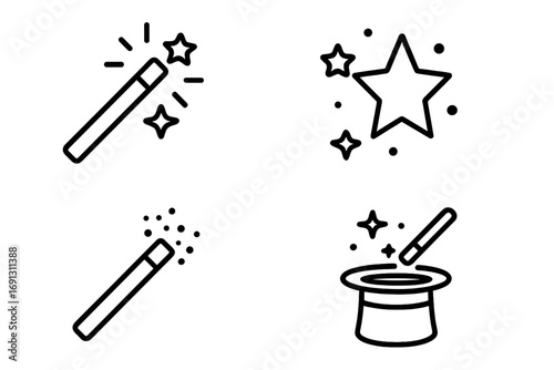 Magic wand thin line icon set. Magician top hat, fairy stick, star sparkle. Fantasy wizard, illusionist trick concept. Editable stroke vector for web, apps. Pictogram pack.