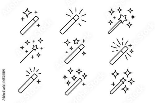 Magic wand vector icon set. Outline wizard stick collection with sparkle and star glitter. Concept of fantasy, miracle, illusion, wish, and trick. Editable stroke symbol.