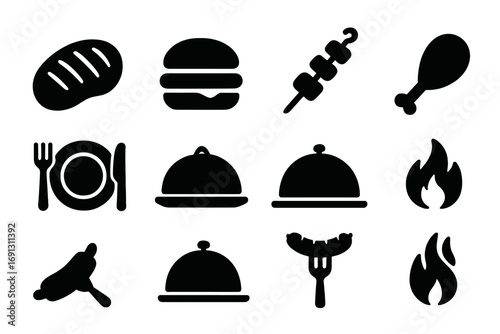 Grill and barbecue food icon set. Vector silhouette collection of meat, steak, burger, and dining elements. Restaurant menu, cooking, and catering graphic symbols.