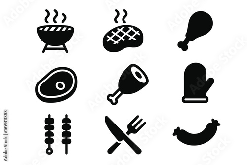 Grilling and barbecue solid icon set. Food and cooking glyphs for restaurant menu. Vector symbols of grill, steak, meat, chicken, sausage, kebab, cutlery, and oven mitt.