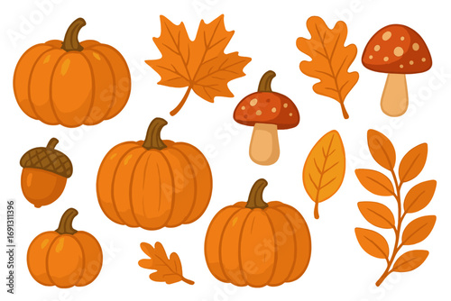 Autumn fall vector set with pumpkins, leaves, mushrooms, and acorns. Cartoon flat illustration collection of isolated design elements for seasonal harvest and Thanksgiving.