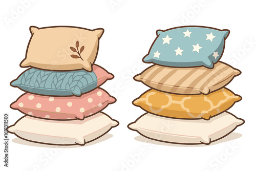 Pillow stack collection vector cartoon. Cushion set with various patterns for home interior decoration. Cute, cozy pillows for bedroom comfort, rest, and sleep. Design element.
