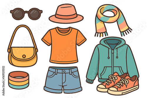 Fashion clothes and accessories set. Casual wear collection for seasonal trends. Vector cartoon illustration of a complete outfit with t-shirt, shorts, hoodie, hat, and bag.