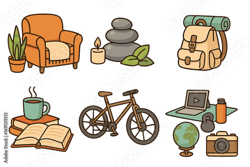 Hobby and lifestyle icon set for work-life balance. Vector elements for relaxation, adventure, wellness, and exploration at home. Self-care, fitness, and leisure activities.