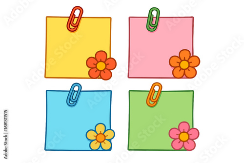 Cute sticky notes set with flowers & paperclips. Blank memo pad for reminders, daily planner, to-do list. Colorful school & office supplies. Cartoon vector illustration.