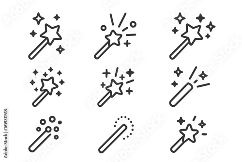 Magic wand line icon set. Vector pictogram collection with stars and sparkles. Concept of miracle, fantasy, wish, and illusion. Editable stroke for UI, UX and web design.