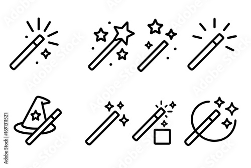 Magic wand line icon set. Wizard stick with stars and sparkles. Simple outline pictogram collection for web, apps. Editable stroke vector. Symbol of miracle, trick, fantasy.