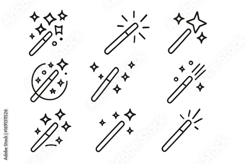 Magic wand thin line icon set. Simple vector illustration collection of wizard and fairy wands with sparkles and stars. Editable stroke. Magical fantasy concept.