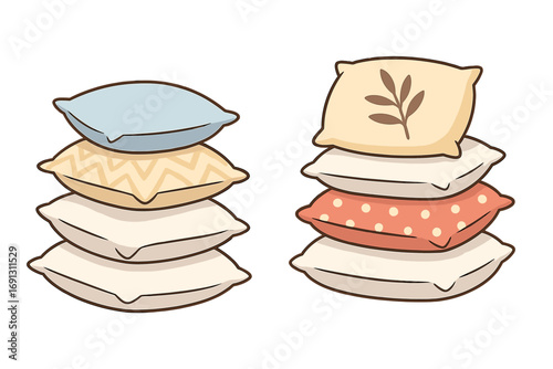 Pillow stacks vector illustration set. Soft cushion pile for home decor. Cozy bedroom bedding design elements. Comfortable sleep and rest concept. Cartoon graphic collection.