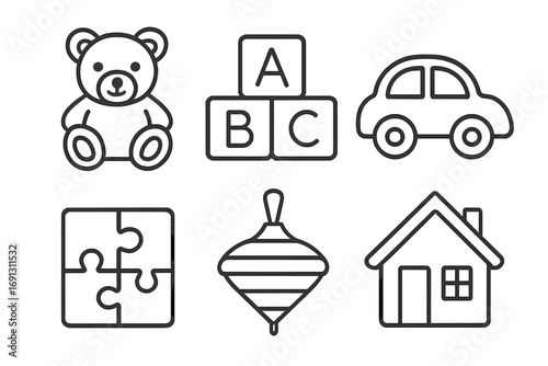 Kids toy linear icon set. Vector cartoon illustration of teddy bear, alphabet blocks, car, puzzle, spinning top, house. Simple outline graphic elements for childhood design.