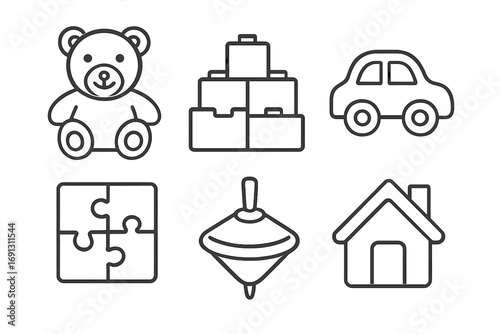 Linear toy icons set. Teddy bear, building blocks, car, puzzle, top, house. Vector symbols for childhood, playtime, kids games, and kindergarten. Simple outline illustration.