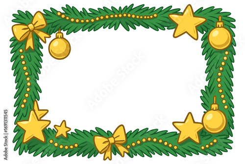 Christmas frame border with pine branches and golden ornaments. Festive winter holiday background with stars and bows for greeting card. Cartoon vector with copy space.