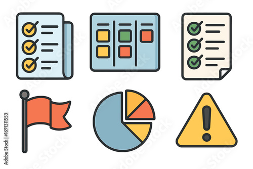 Project management icons set. Task management, kanban board, checklist, milestone flag, pie chart data, warning sign. Agile methodology, business workflow vector cartoon.