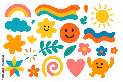 Set of cute groovy retro stickers. Hippie 70s style vector elements. Abstract playful shapes, smiley face, flower power, rainbow, sun, and cartoon character. Joyful doodle.