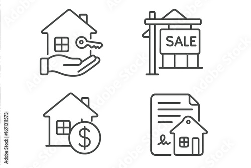 Real estate icon set for home buying, selling, and mortgage concepts. Linear icons for property sale, investment, and contract agreement. Vector illustration for finance.