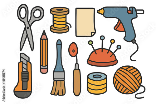 Crafts and hobbies tools set for creative makers. DIY equipment for handmade projects. Vector cartoon illustration with scissors, glue gun, yarn, brush, and pencil.