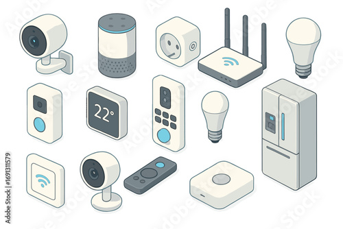 Modern isometric smart home devices set. Internet of Things (IoT) technology gadgets for home automation and connectivity. Includes speaker, camera, router, bulb, thermostat. Vector icon collection.