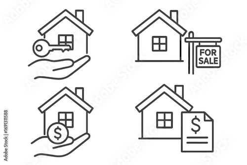 Real estate icon set for home buying, selling, and mortgage. Linear icons of house ownership, for sale sign, property investment, and loan contract. Vector finance concepts.