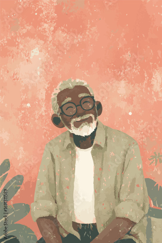 Happy man, poc, black man smiling, old man vector, grey hair, happy, happiness, contented, natural colors, muted colors, earthy design, background, flyer, concept