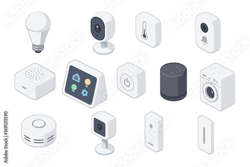 Modern isometric smart home device icon set. Internet of Things (IoT) technology for automation and connectivity. Vector collection of smart gadgets and home appliances.