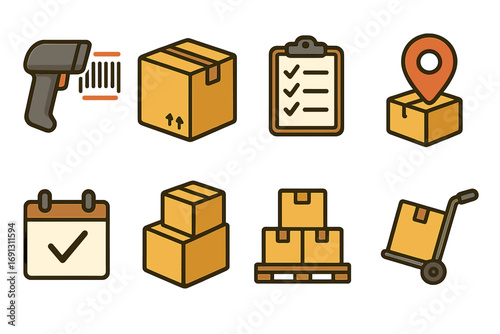 Logistics and inventory management icon set. Vector cartoon illustration of shipping and delivery process. Includes barcode scanner, package tracking, checklist, pallet and dolly.
