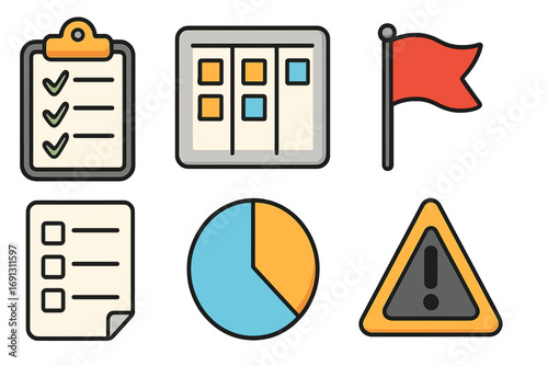 Project management icon set for business workflow. Includes kanban board, task checklist, pie chart report, milestone flag, and risk warning sign. Vector cartoon illustration.