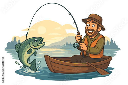 Fisherman catches a large fish from a small boat. Happy angler on a serene lake at sunrise. Outdoor hobby and recreation concept. Cartoon vector illustration of a big catch.