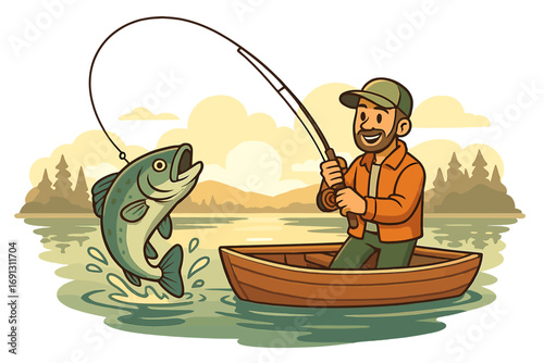 Fisherman catches a large fish from a boat. Happy man with a fishing rod on a serene lake. Outdoor recreation, hobby, and sport concept. Cartoon vector illustration.