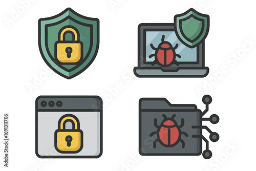 Cyber security icon set for business solutions. Vector cartoon illustration of internet safety concepts. Includes shield, lock, antivirus, malware bug, and secure data folder.