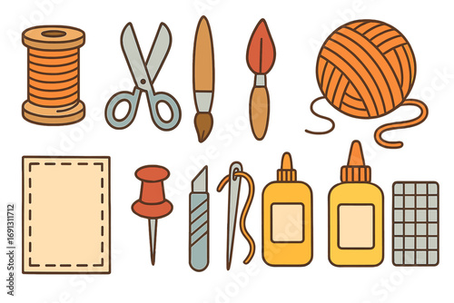 Collection of craft and hobby tools for creative makers. Art supplies set for DIY projects. Sewing, knitting, painting, and scrapbooking elements. Vector cartoon icon pack.