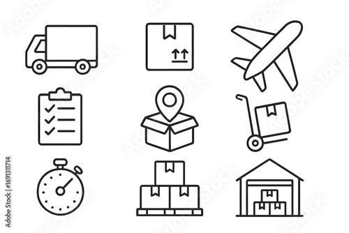 Logistics icon set for transport and delivery services. Shipping and freight symbols in linear style. Vector illustration of truck, plane, warehouse, and package tracking.