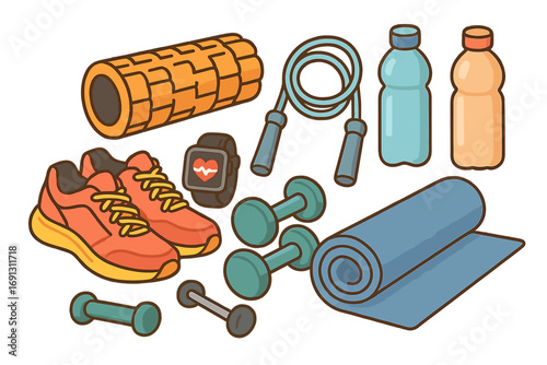 Fitness equipment vector set for workout and gym. Sport accessories collection for training. Healthy lifestyle concept. Includes sneakers, dumbbells, jump rope, yoga mat, watch.