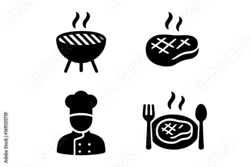 Barbecue and grilling solid icon set. BBQ grill, grilled steak meat, chef cook, and plated meal glyphs. Cooking, food, restaurant and dinner concept vector symbols.