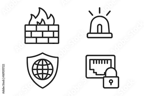 Cybersecurity line icon set. Firewall, intrusion alarm, vpn protection, and secure port symbols. Concept of cyber defense, data privacy, and network security system. Vector.