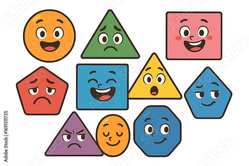 Set of cute cartoon geometric shapes with different emotions. Basic learning figures for kids. Emoji characters collection showing feelings: happy, sad, angry, surprised.