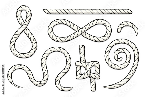 Vector collection of white ropes forming creative shapes. Cartoon illustration of nautical cords, including a knot, infinity loop, swirl. Isolated design elements set.