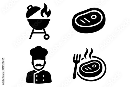 Grill meat solid glyph icon set. Barbecue steak, chef cooking, and meal pictogram collection. BBQ beef, fire flame, and hot food symbols for restaurant menu design. Vector.