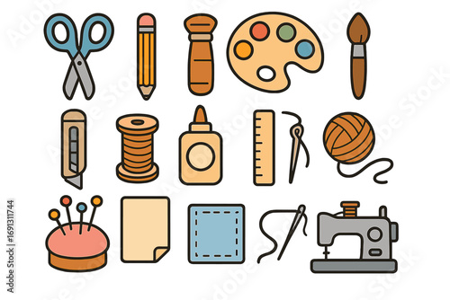 Creative hobby and craft tools icon collection. Vector illustration of supplies for sewing, painting, art, and DIY projects. Handmade equipment set for makers and enthusiasts.
