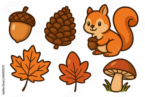 Cute cartoon squirrel and autumn forest elements set. Vector illustration of a kawaii woodland animal character with acorn, pinecone, leaf, and mushroom. Seasonal fall design pack.