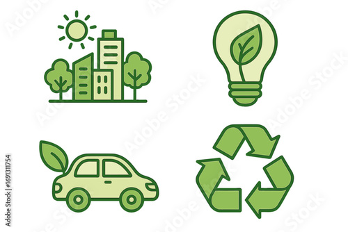 Set of green technology icons for sustainability. Eco friendly practices in urban environments. Green city, renewable energy, electric car, and recycling symbol collection.