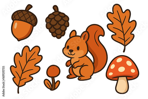 Cute cartoon squirrel with autumn forest elements. Fall woodland collection with acorn, pinecone, oak leaf, mushroom. Kawaii vector illustration set for seasonal design.