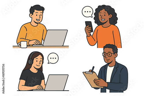 Set of diverse business people characters working. Office team communication concept. Man with laptop, woman with phone, remote work video call, manager with clipboard.