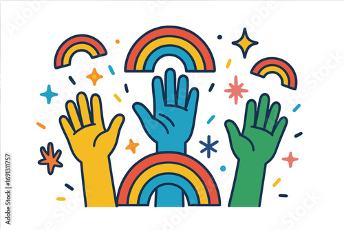 Colorful hands up with rainbows symbolize unity, diversity, and community celebration. Vector concept of pride, support, expression, and creative gathering. Vote, volunteer.