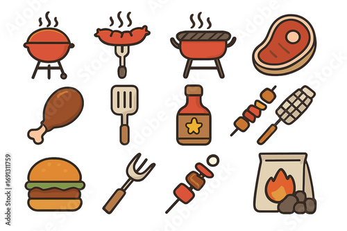 Grilling and barbecue filled outline icon set. Vector cartoon collection for summer cookout, picnic. Features steak, hamburger, sausage, kebab, chicken, and bbq tools.