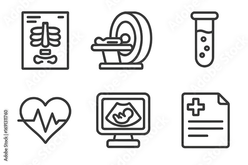 Medical and healthcare linear icons set. Radiology, MRI scan, laboratory test tube, cardiology heartbeat, pregnancy ultrasound, and patient report. Vector outline symbols.